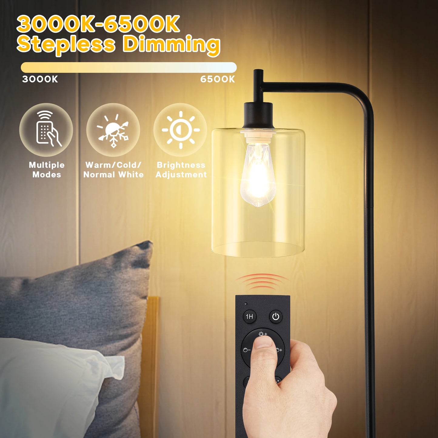 Gold Dimmable Floor Lamp with Remote Control & LED Bulb