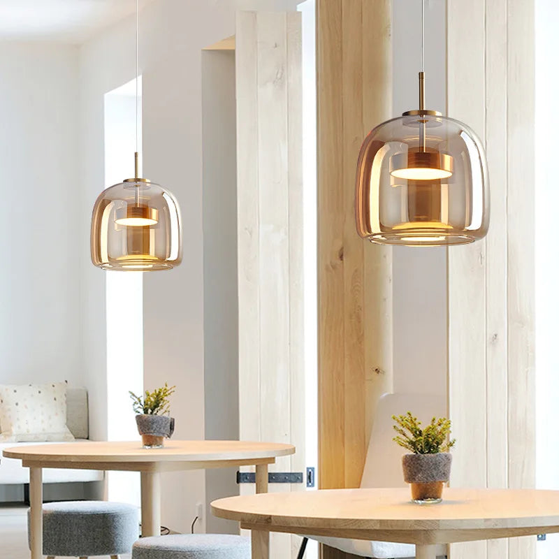 Modern Glass Pendant Light – Smoke Gray/Amber LED Chandelier