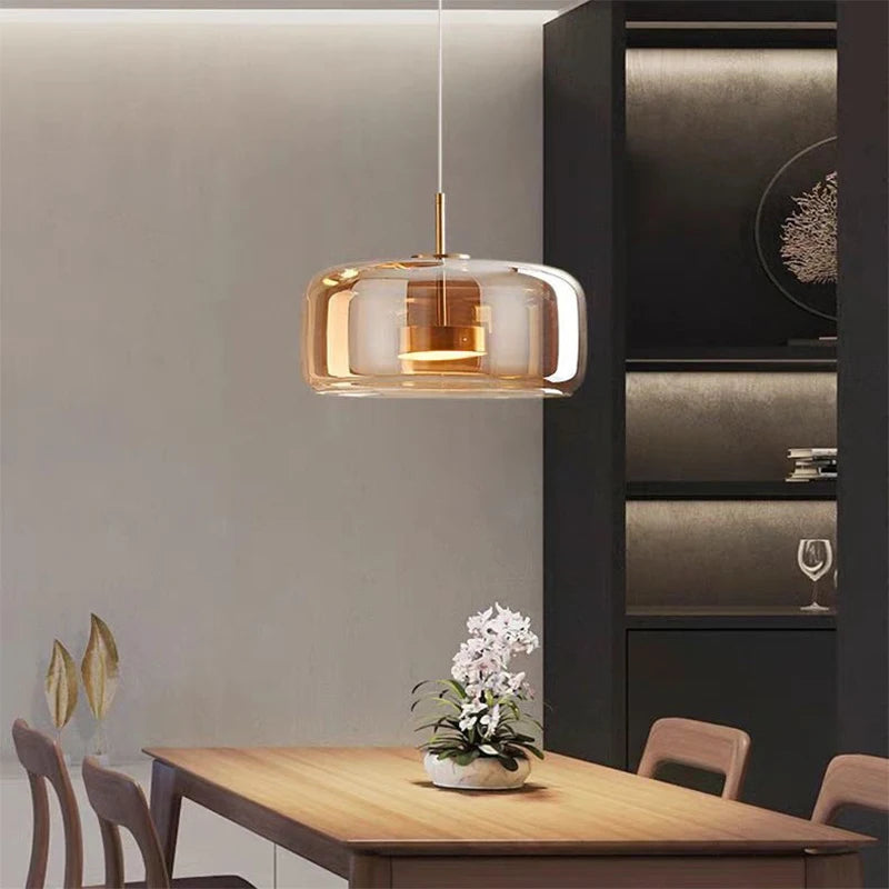 Modern Glass Pendant Light – Smoke Gray/Amber LED Chandelier